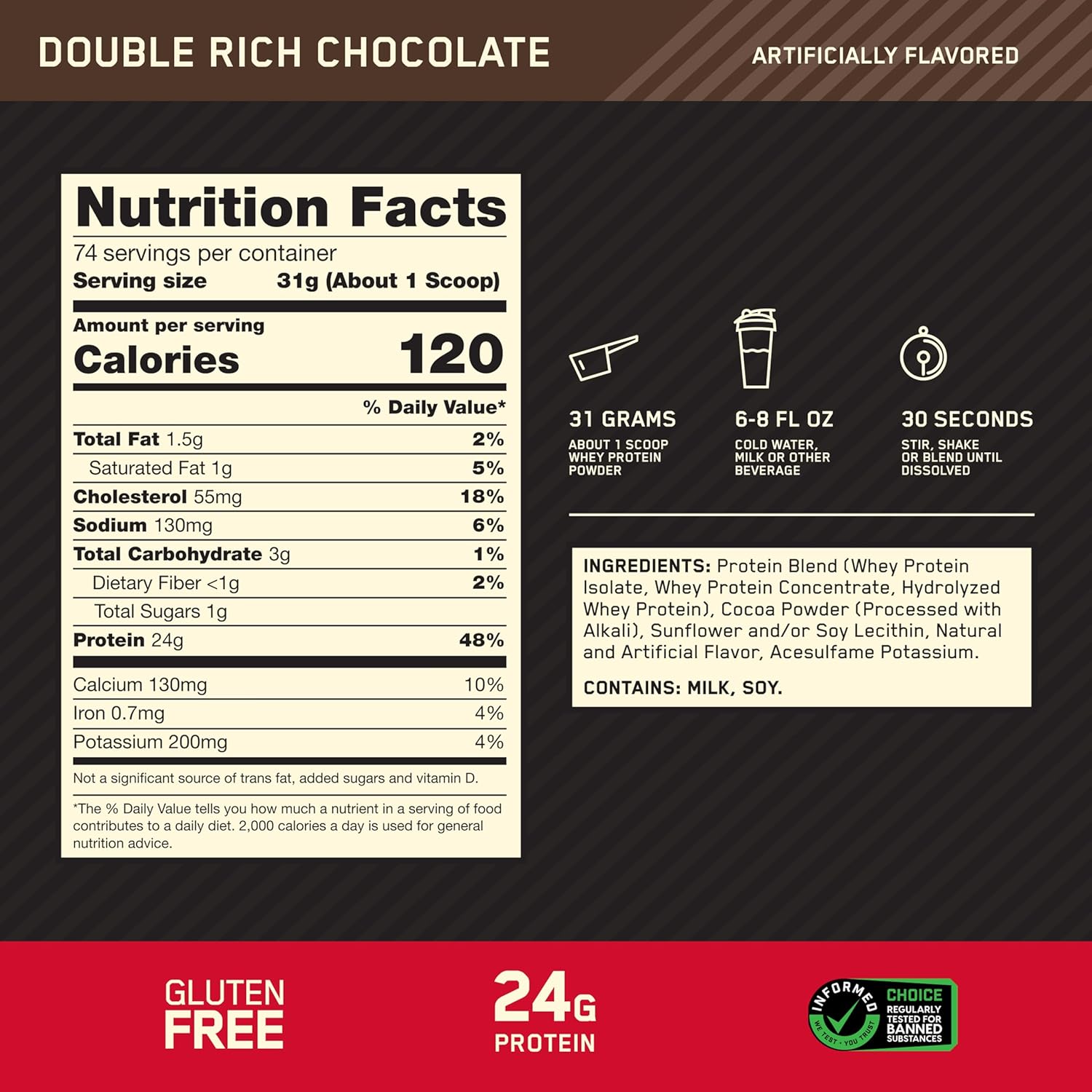 Optimum Nutrition Gold Standard Whey Protein nutrition label Double Rich Chocolate 2.02kg