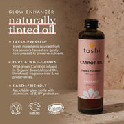 Fushi Organic Carrot Oil bottle with product details on a brown background