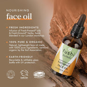 Fushi BioVedic face oil bottle with product details on a brown background