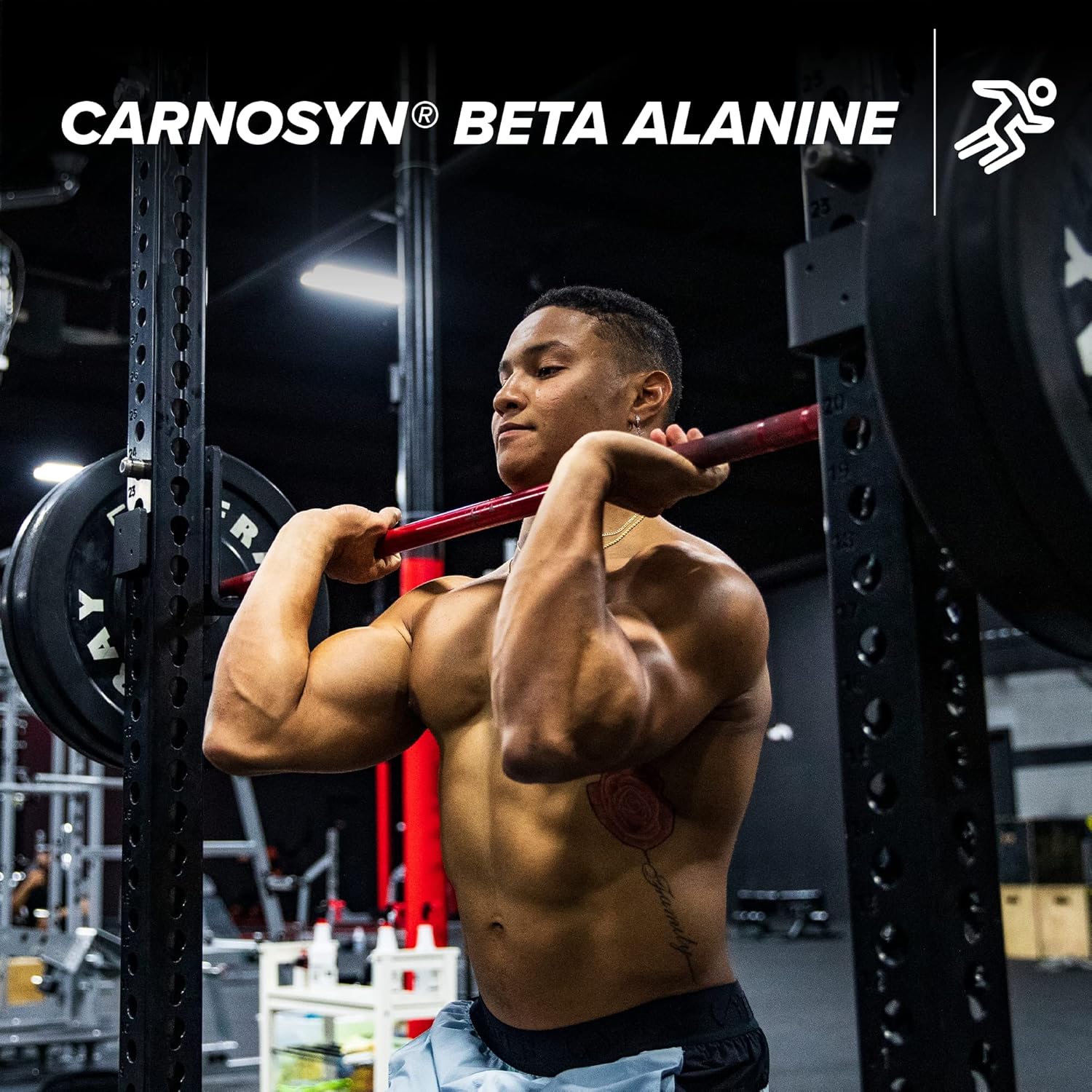 Muscular man lifting weights with Carnosyn Beta Alanine branding above.