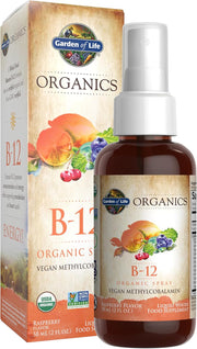 Garden of Life Organics Vitamin B12 Spray bottle & box, Raspberry flavour, 58ml.