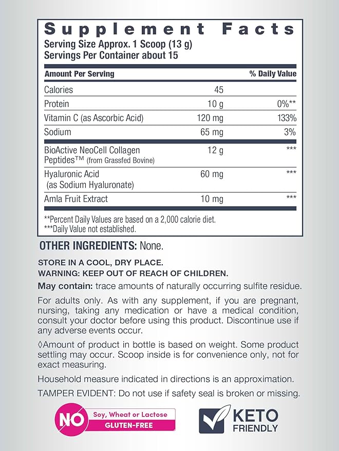 Supplement facts panel and usage instructions for NeoCell Super Collagen powder.