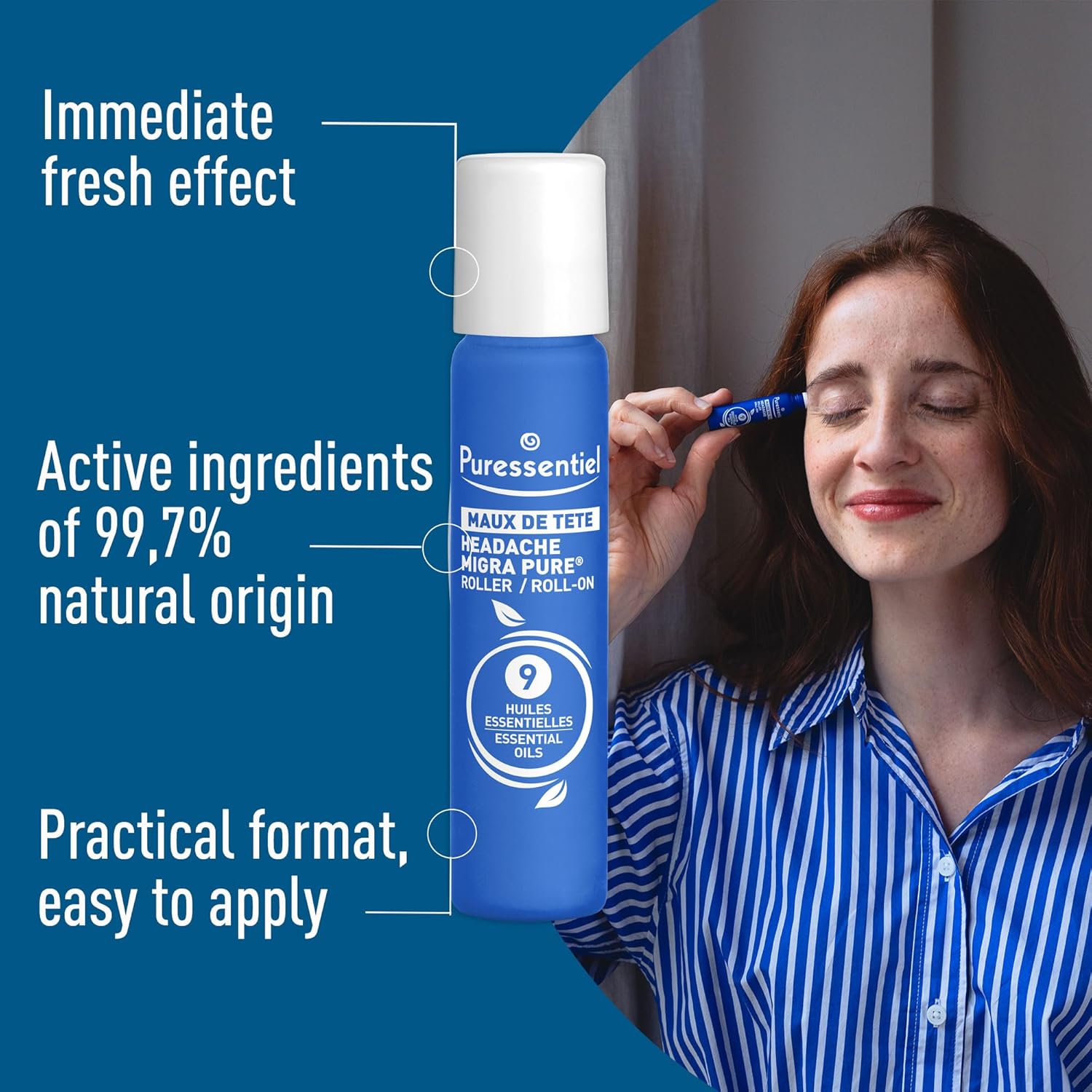 Hand applying Puressentiel roll-on to temple for soothing massage.