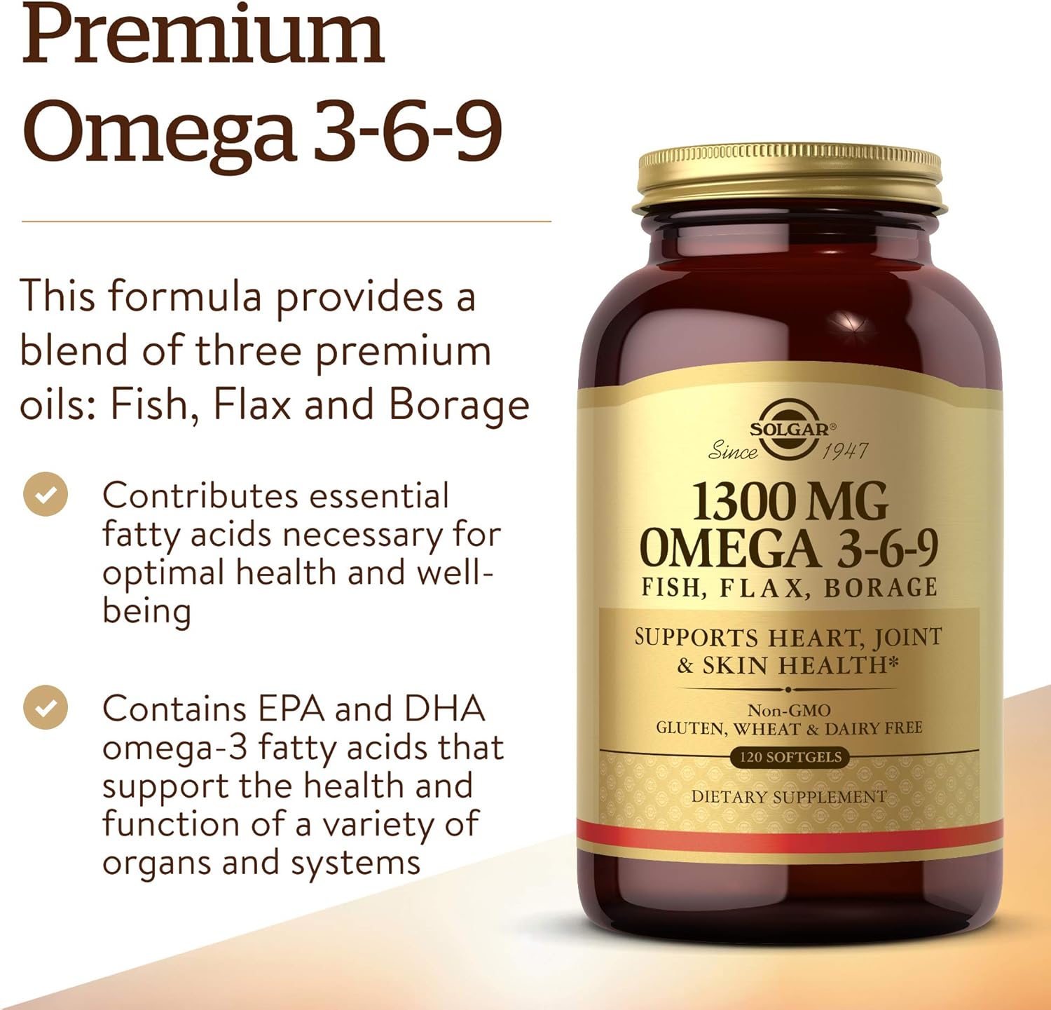 Solgar Omega 3-6-9 1300mg softgels dietary supplement bottle 120 count daily wellness routine