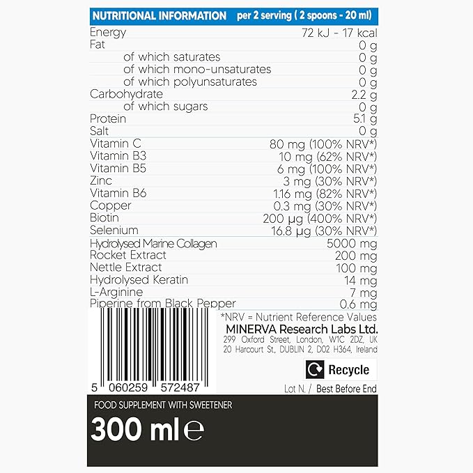 Ingredients label and barcode for Collagen Superdose hair and beauty support drink.