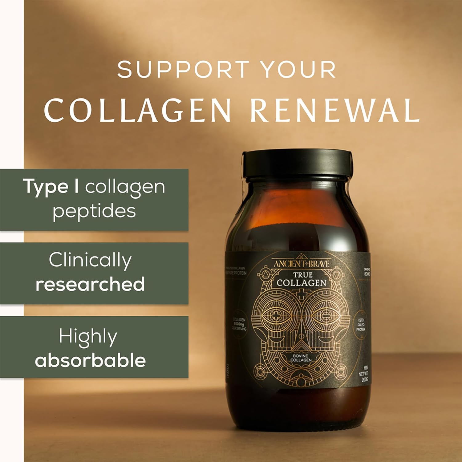 Ancient + Brave True Collagen - Grass-Fed Bovine Collagen Powder, 200g