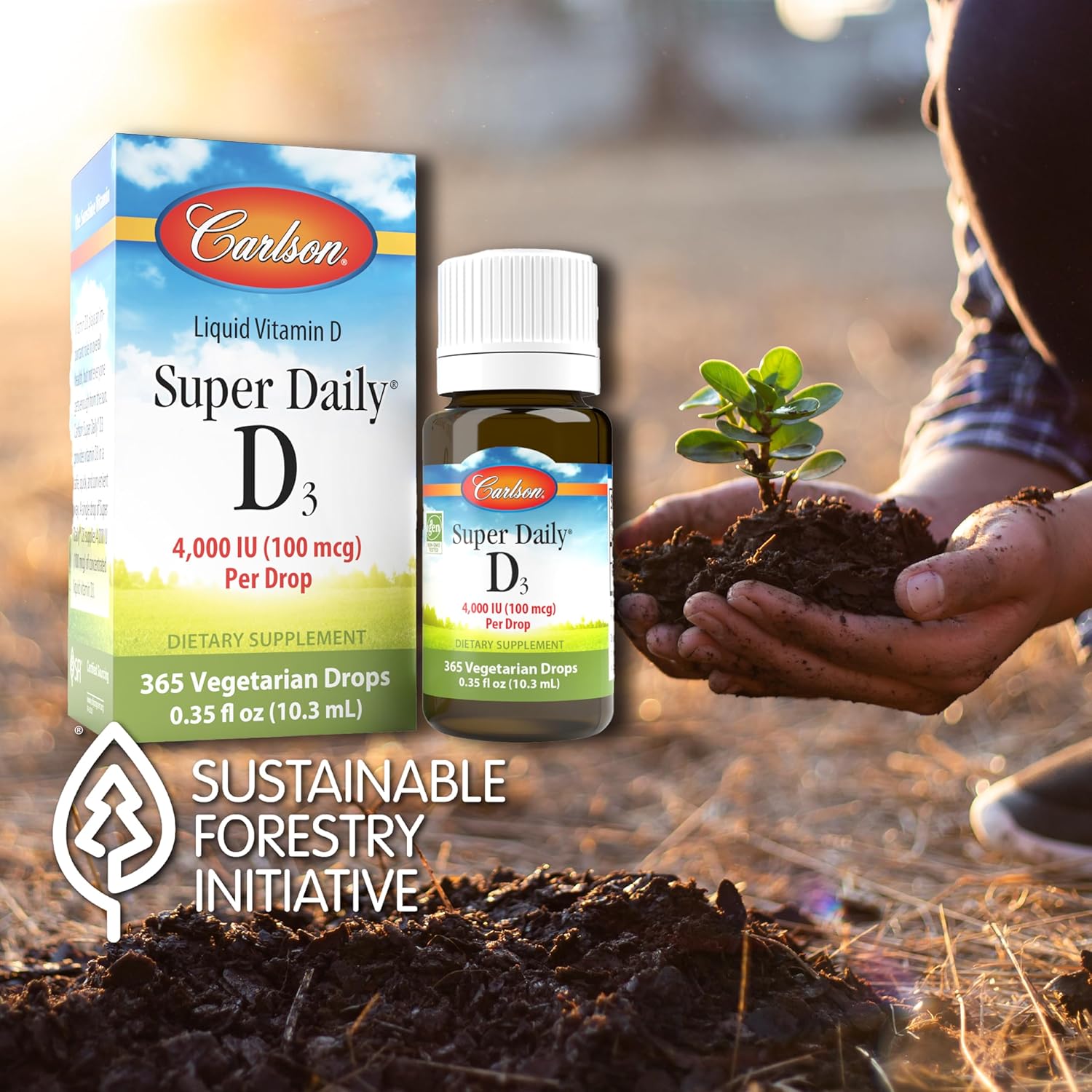 Lifestyle/use image: Carlson Vitamin D3 liquid drops daily routine supplement 10.3 ml