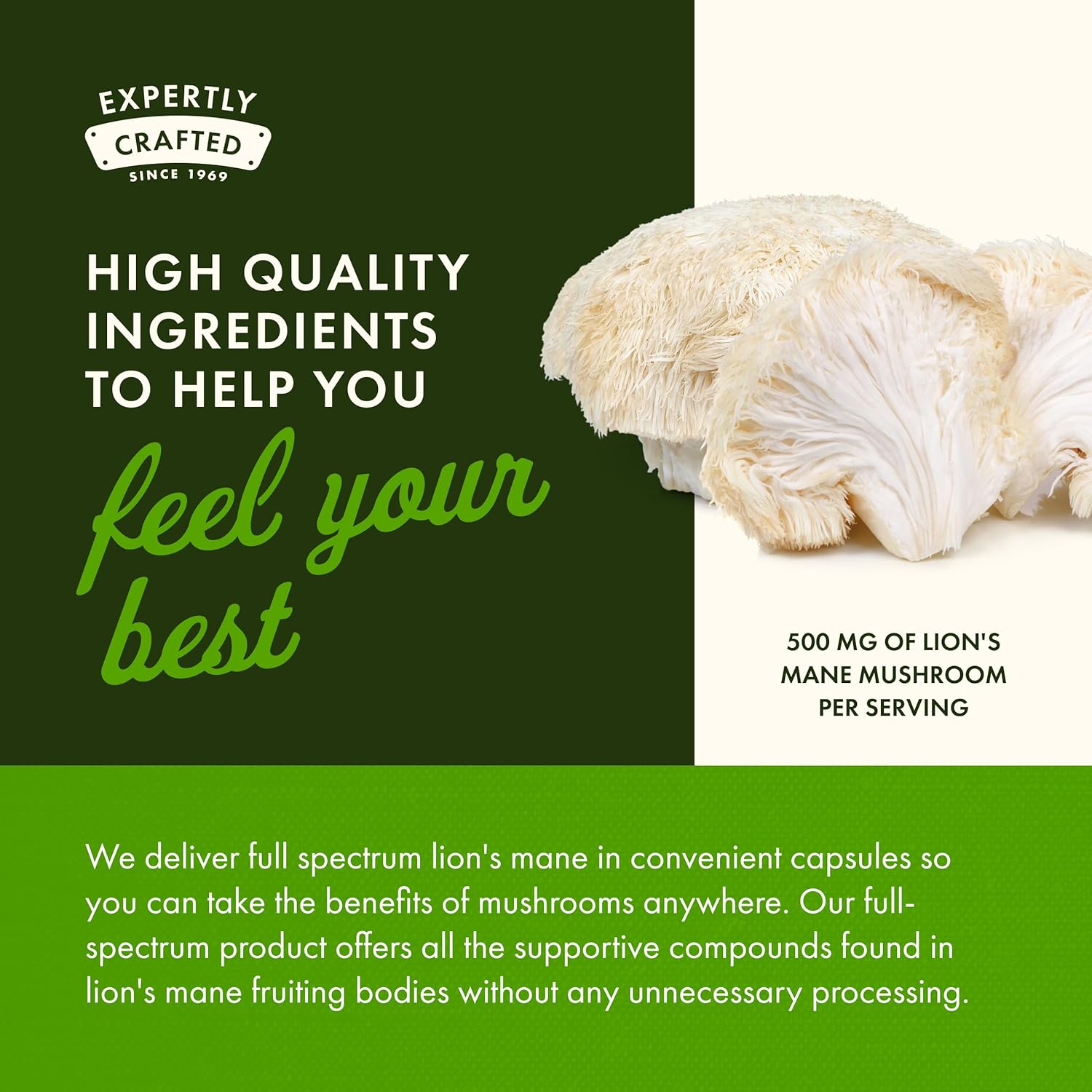 Advertisement for lion's mane mushroom capsules with text about high-quality ingredients and benefits.