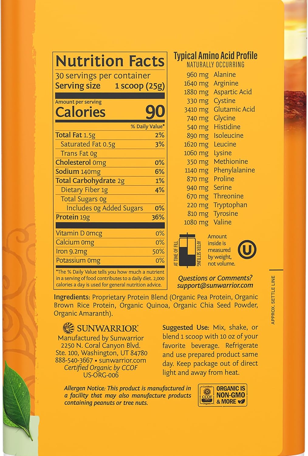 Back of Sunwarrior unflavoured protein powder showing organic certification.