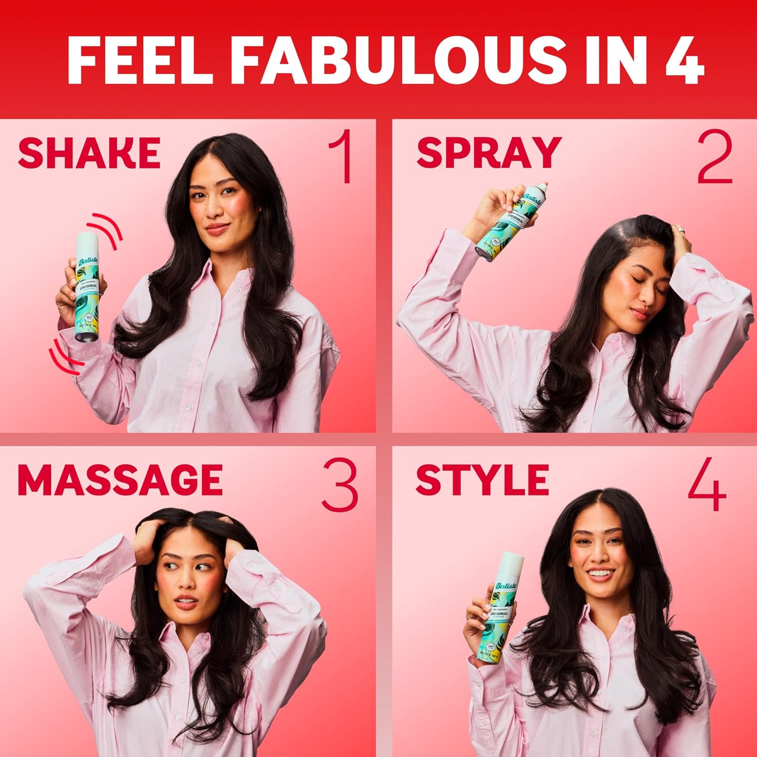 Batiste Cherry Cheeky Cherry Dry Shampoo - 200ml Vegan Fresh Hair Spray how to use.