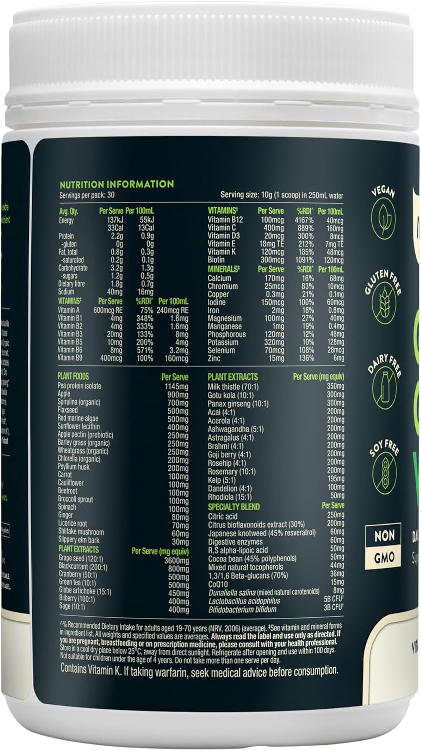 Full ingredients and nutrition panel for Good Green Vitality powder