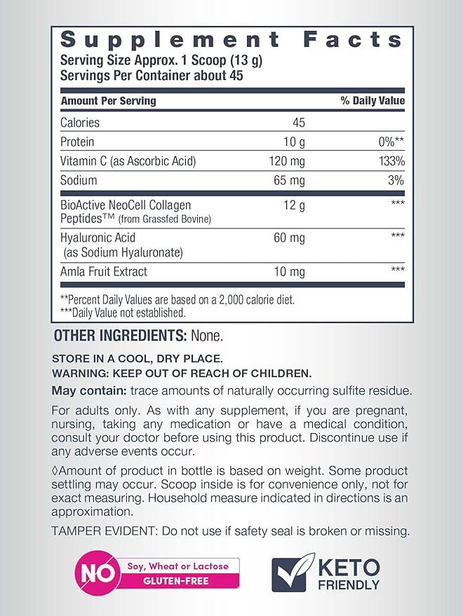 Nutritional label and ingredients for NeoCell 585g Collagen powder.