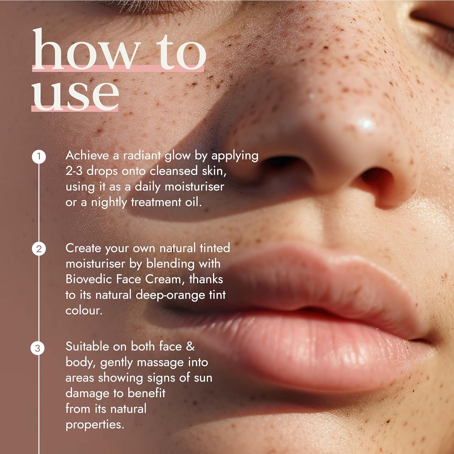 Close-up of a person's face with text on how to use a product, featuring a close-up of a nose and lips.