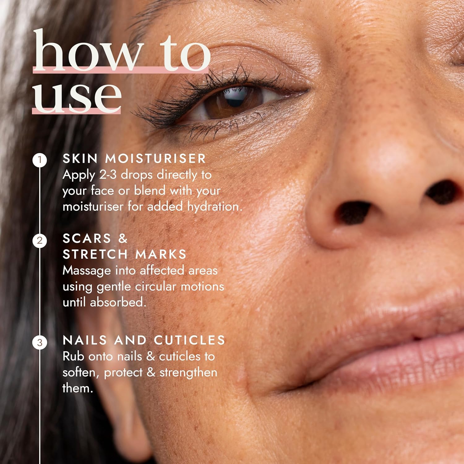 Close-up of a woman's face with text on how to use a skincare product.