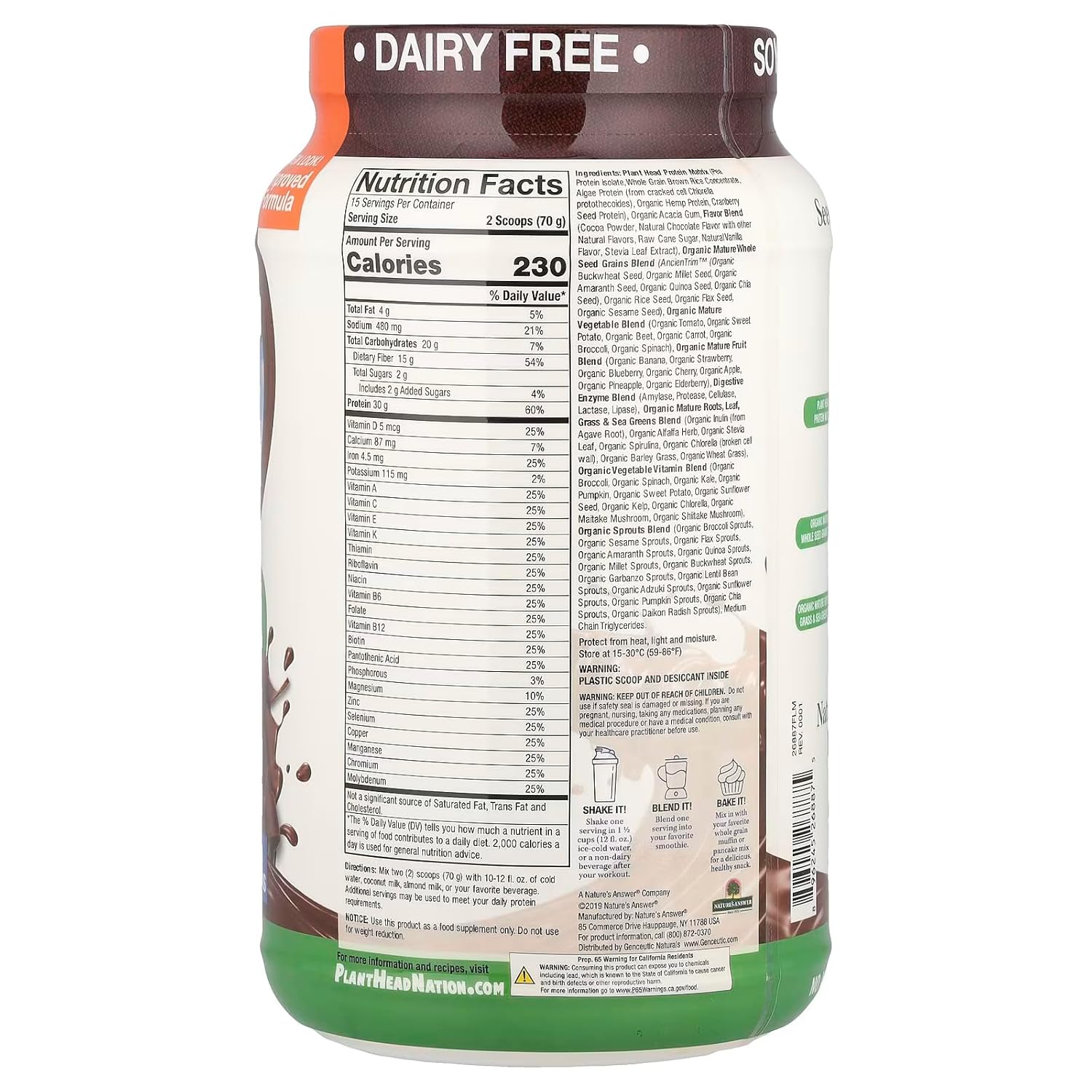 Genceutic Naturals Plant Head Real Meal supplement facts label tub 1050g