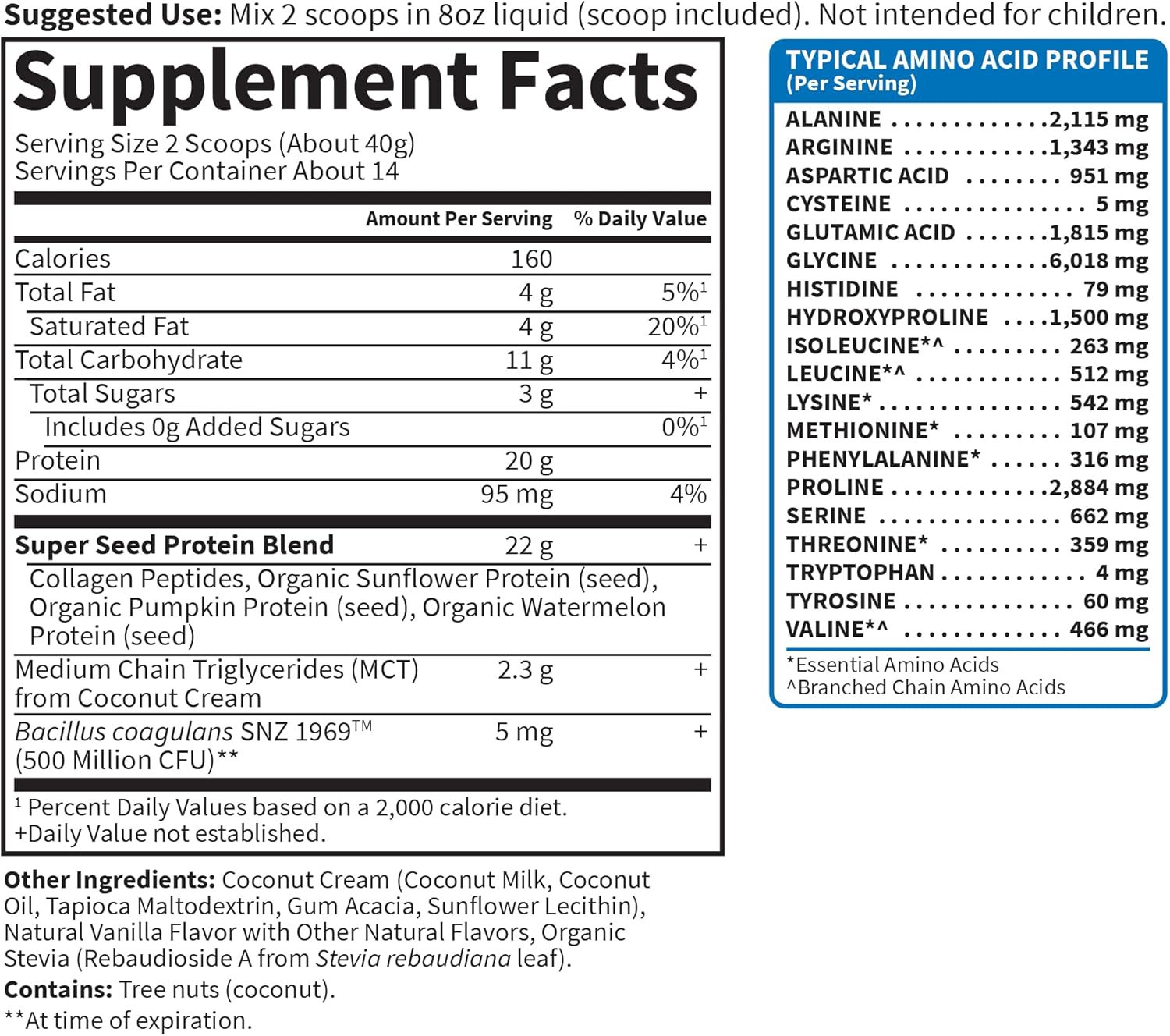 Nutrition facts for Collagen Peptides powder with super seeds.