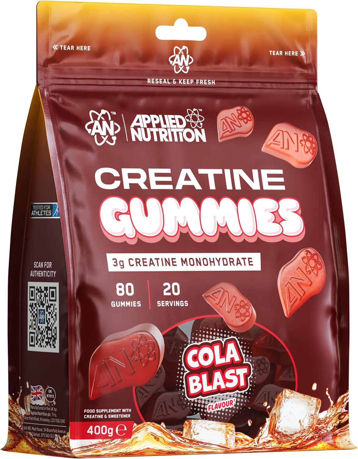 Front Image: Applied Nutrition creatine gummies cola blast 3000mg 80 count bottle front