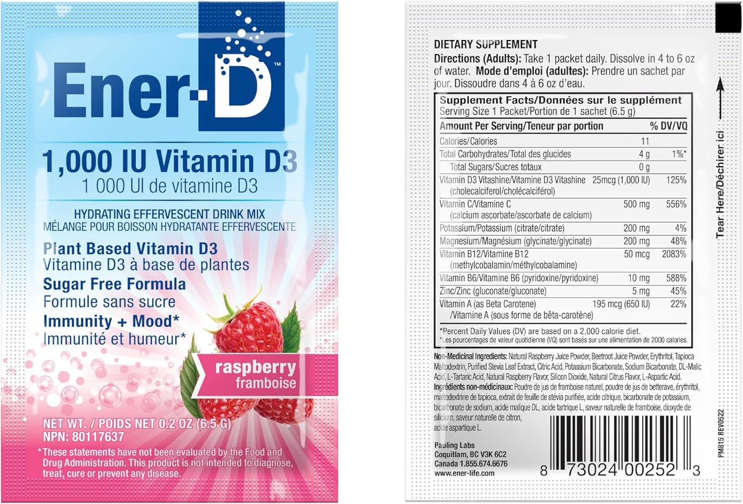 Ener-D Sugar Free Raspberry vitamin D powder mix front label 6.5g sachets with barcode