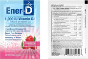 Ener-D Sugar Free Raspberry vitamin D powder mix front label 6.5g sachets with barcode
