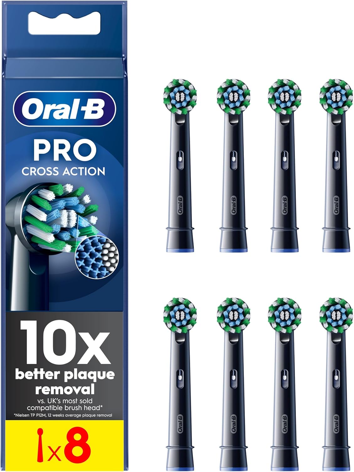 Sealed pack of 8 Oral-B Pro Cross Action Black Replacement Brush Heads.