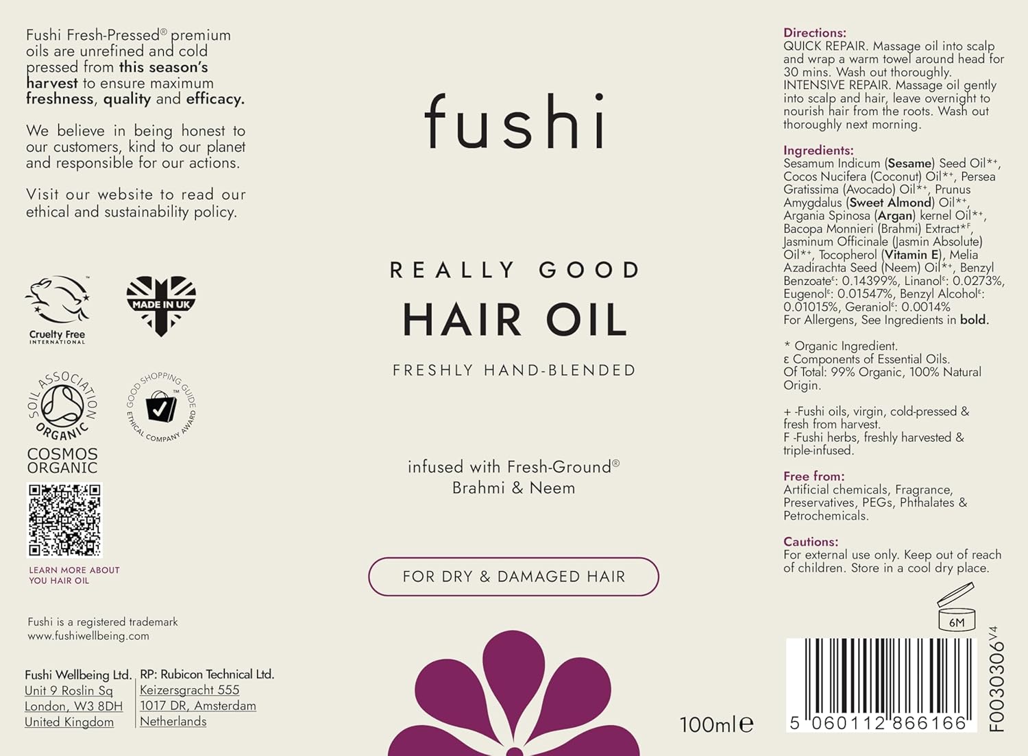 Fushi Really Good Hair Oil label with product details and branding elements.