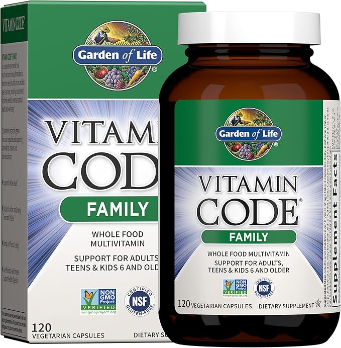 Garden of Life Vitamin Code Family Multi bottle & box with 120 vegetarian capsules.