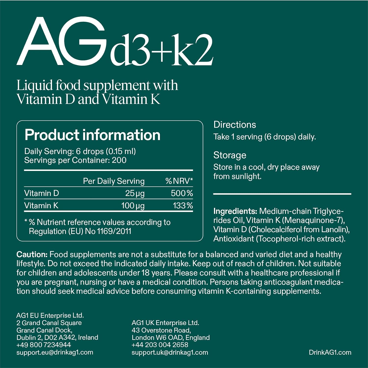 AG1 Greens Powder Starter Kit 360g supplement facts and ingredients information