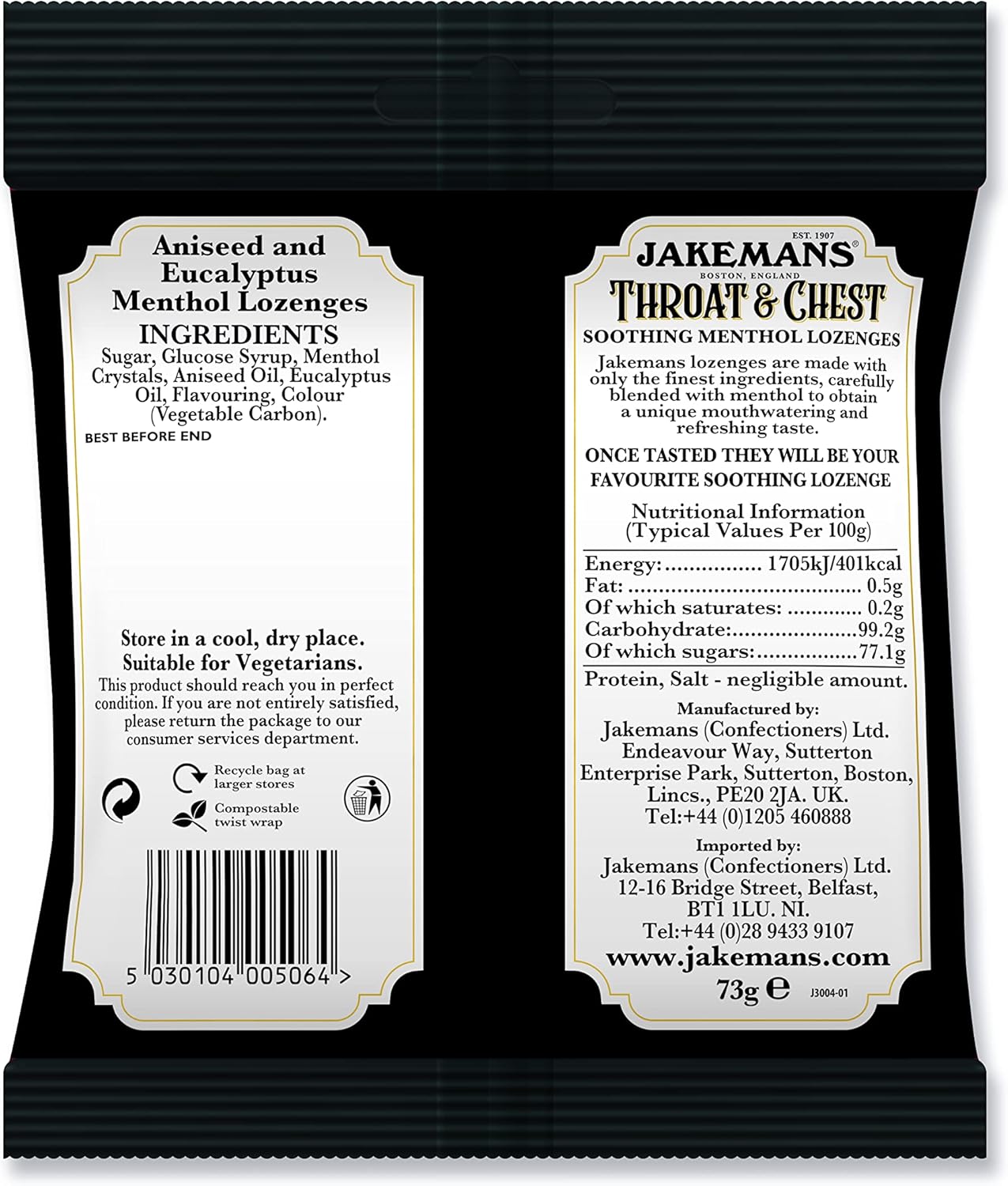 Ingredients, barcode and usage instructions for Jakemans lozenges.