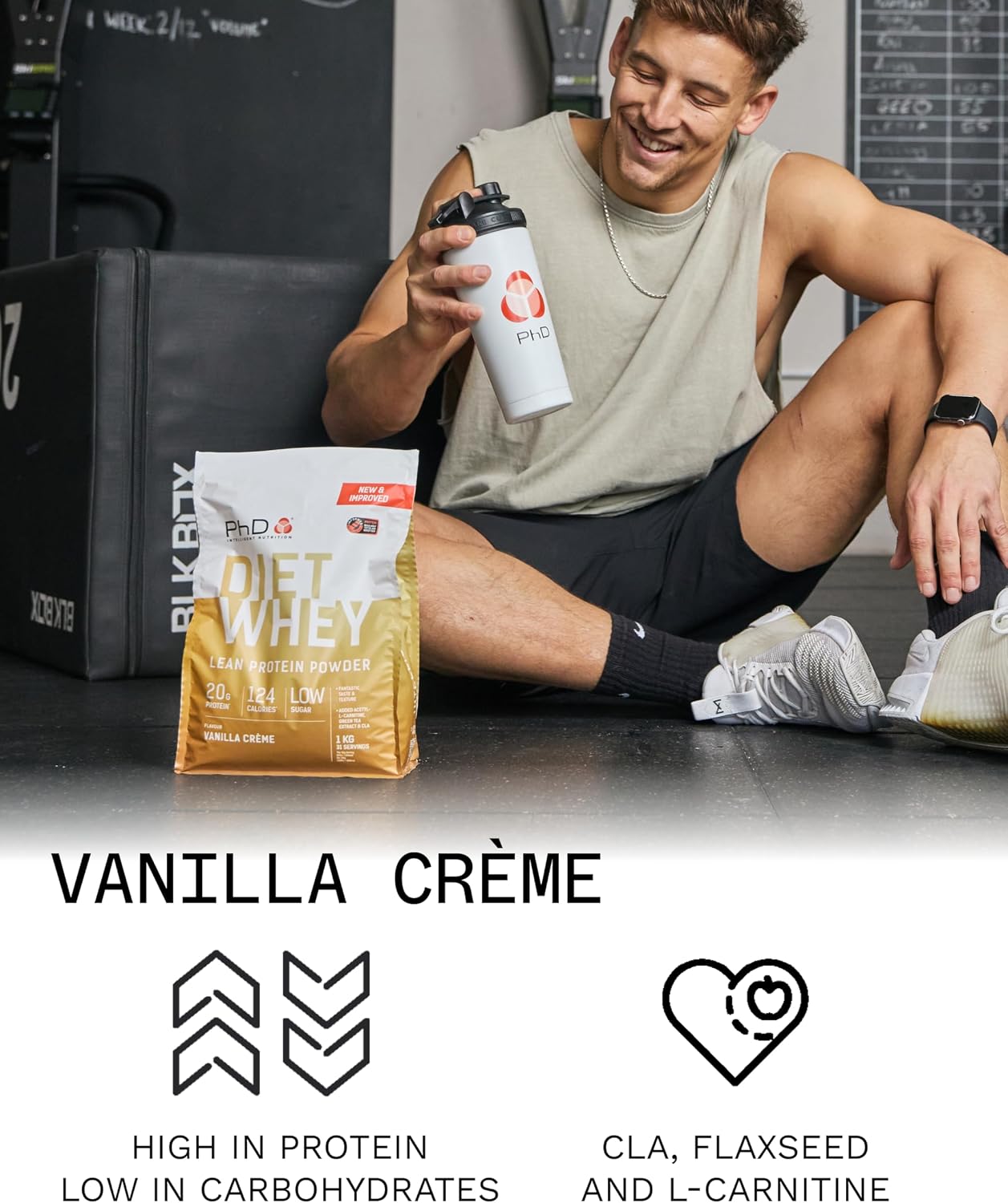 PhD Diet Whey Lean Protein Powder, resealable bag packaging, Vanilla Crème flavour, 2kg, preparation directions
