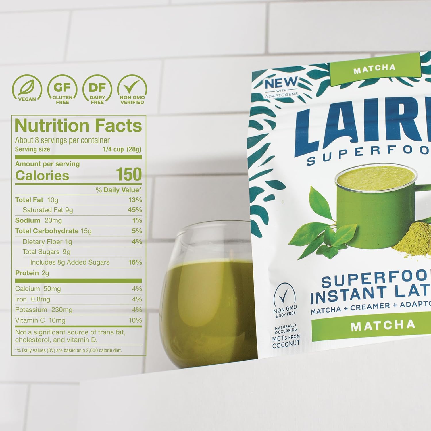 Laird Superfood matcha latte ingredients label 227g on white background