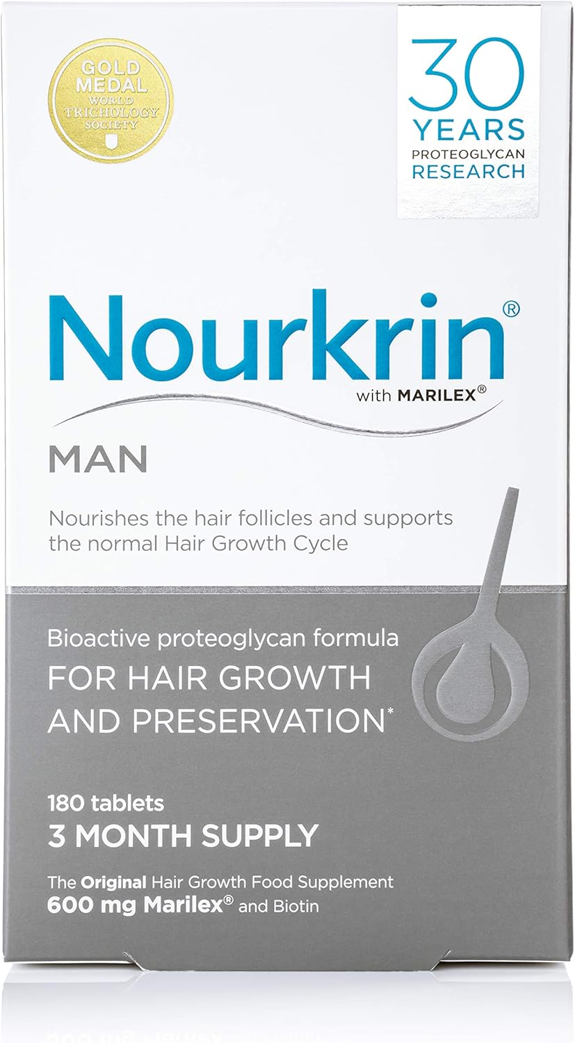 Nourkrin Man Hair Support Supplement box with 180 tablets on white background.
