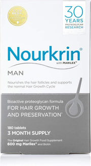 Nourkrin Man Hair Support Supplement box with 180 tablets on white background.
