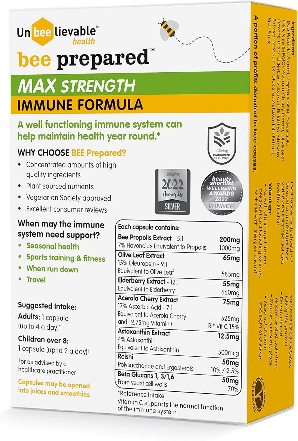 Back of Bee Prepared supplement bottle showing supplement facts