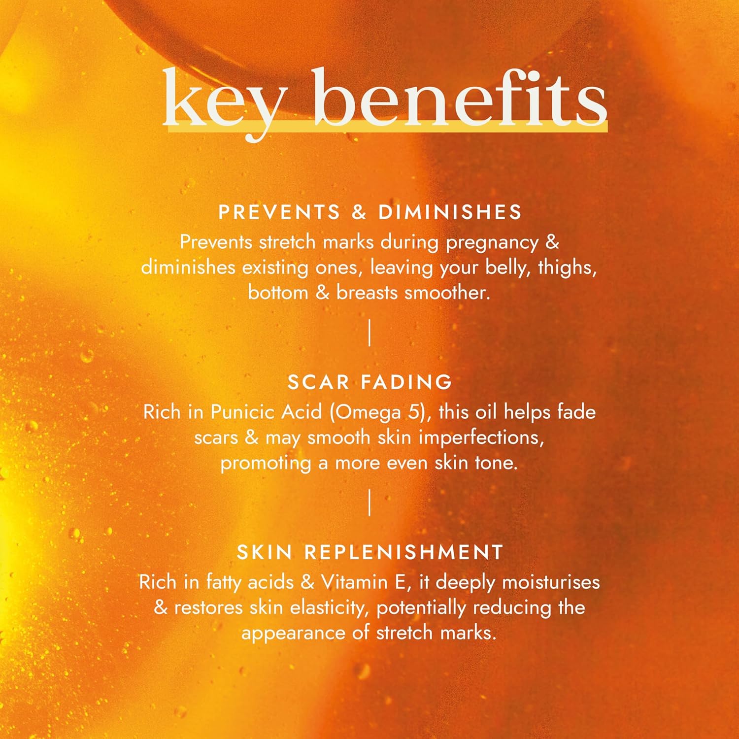 Key benefits of a skincare product on an orange background