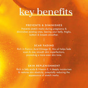 Key benefits of a skincare product on an orange background
