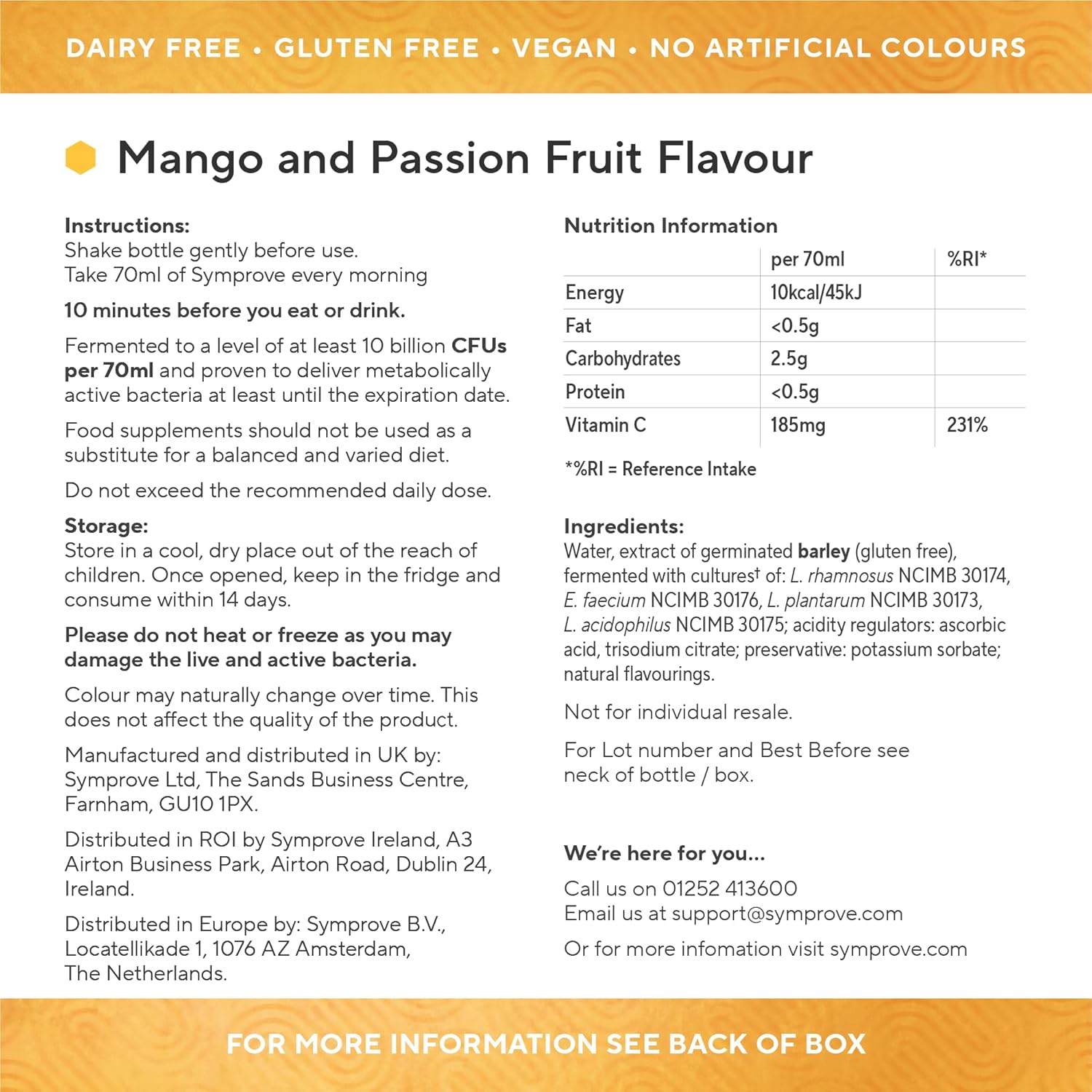Symprove Liquid Probiotic Mango Passionfruit Flavour 500ml nutritional info ingredients instructions panel