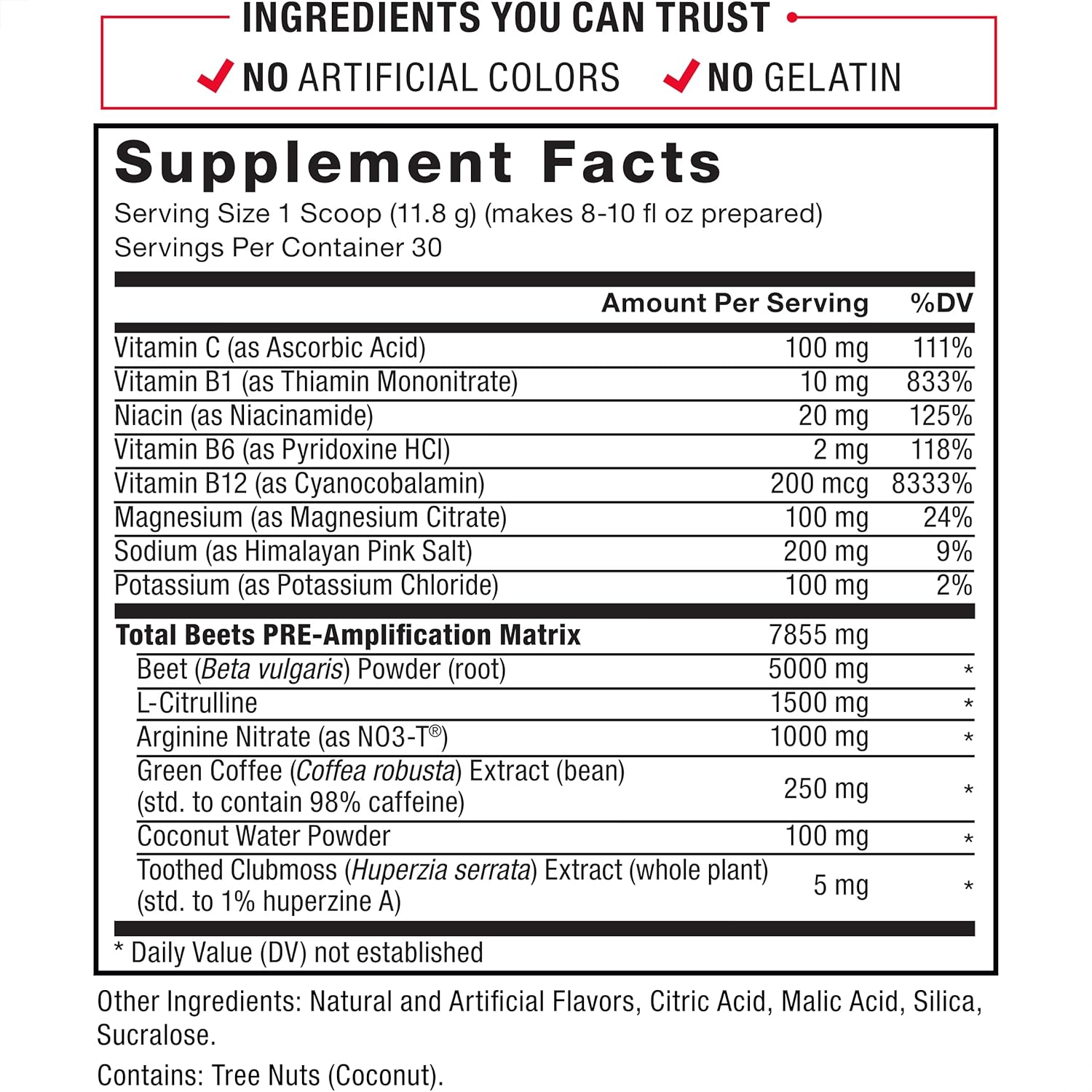  Nutrition facts and supplement label for Total Beets pre-workout drink mix.