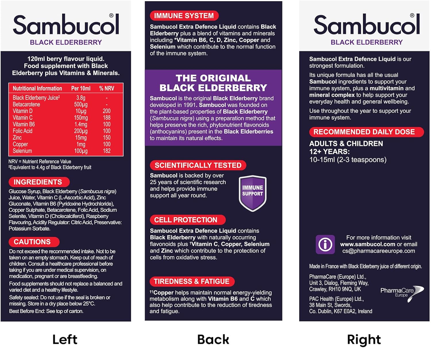 Sambucol Black Elderberry supplement packaging with nutritional information, ingredients, and usage instructions.