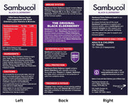 Sambucol Black Elderberry supplement packaging with nutritional information, ingredients, and usage instructions.