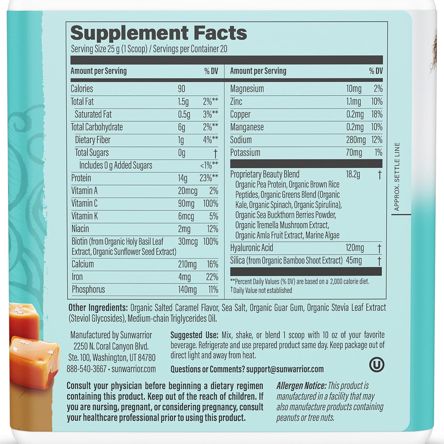 Supplement facts for Sunwarrior Plant-Based Beauty Protein - Salted Caramel