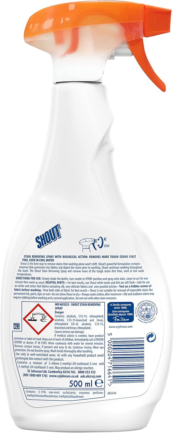 Shout Triple-Acting Stain Removing Spray 500ml bottle barcode