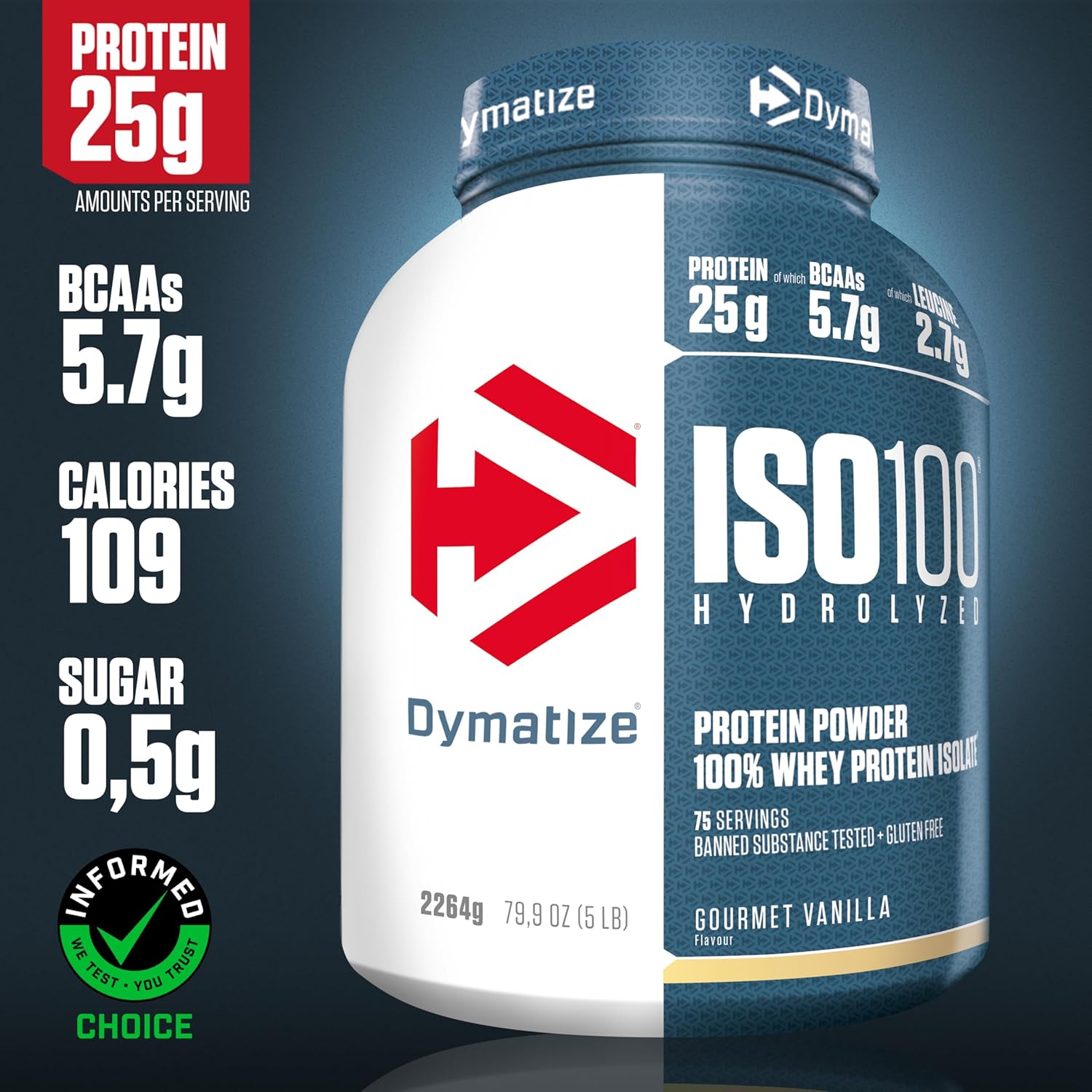 Dymatize ISO 100 Hydrolyzed protein powder container with nutritional information on a dark background