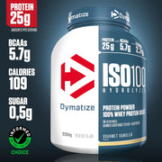 Dymatize ISO 100 Hydrolyzed protein powder container with nutritional information on a dark background