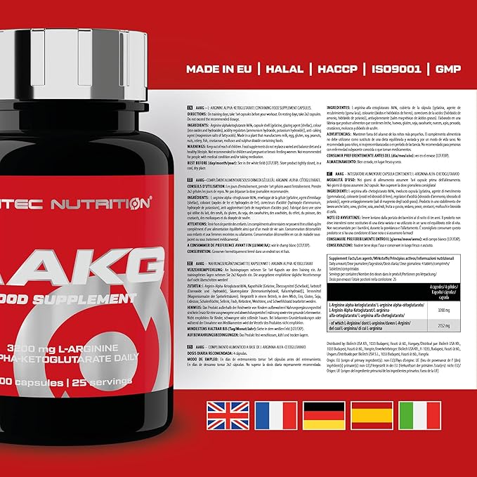 Label showing supplement facts for Scitec AAKG 3200mg L-Arginine Alpha-Ketoglutarate.