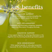Key benefits of a natural product on a green background with floral elements.