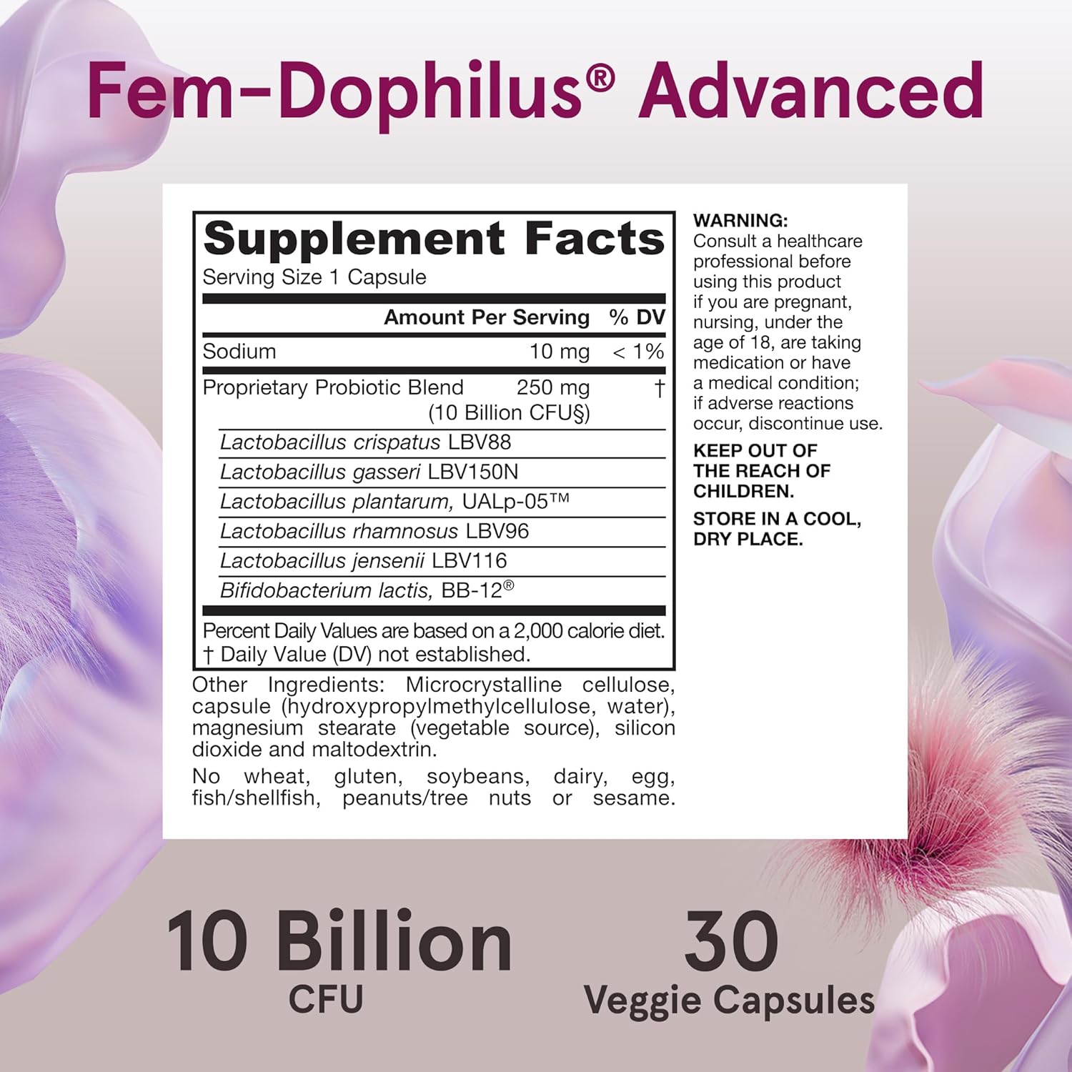 Supplement facts & ingredients image: Jarrow Fem Dophilus probiotic strains supplement facts capsules 30 count
