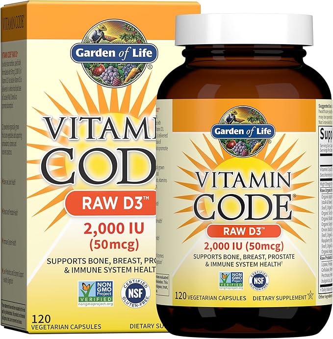Garden of Life Vitamin Code Raw D3 bottle & box, 2000 IU, 120 vegetarian capsules on white background.