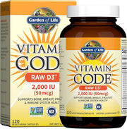 Garden of Life Vitamin Code Raw D3 bottle & box, 2000 IU, 120 vegetarian capsules on white background.
