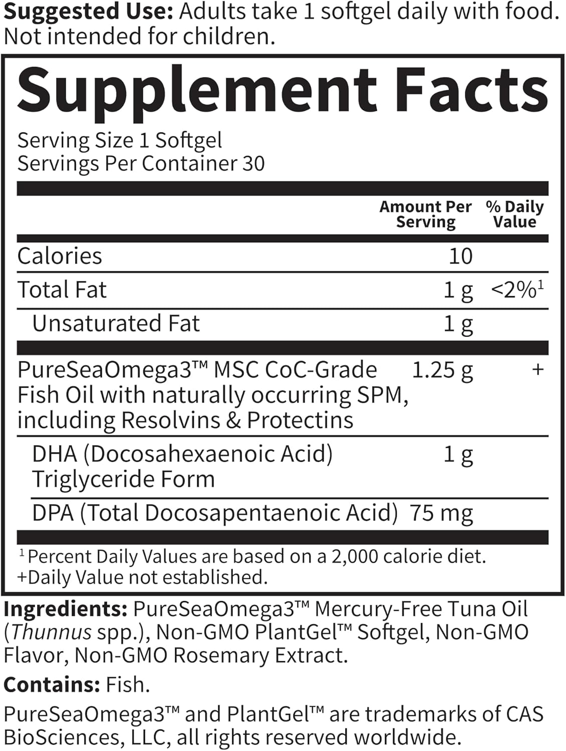 Supplement facts for High Potency DHA Fish Oil.