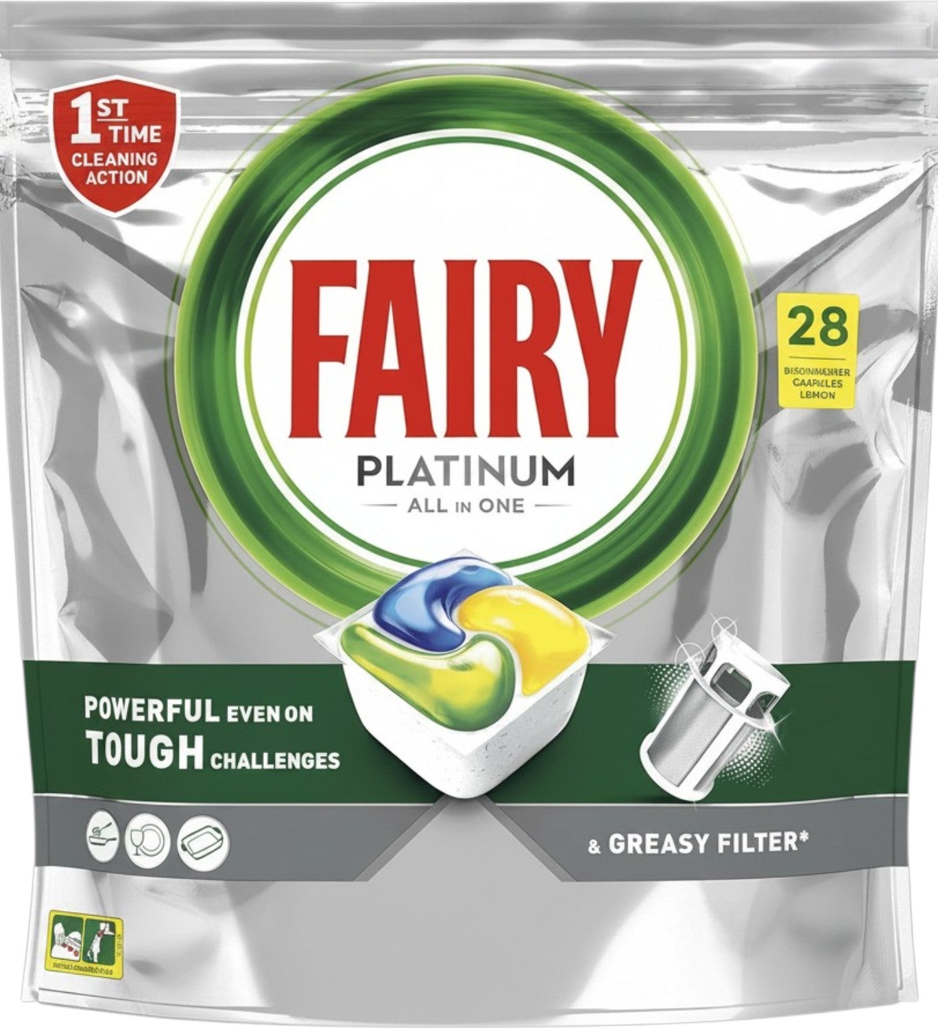Fairy Platinum All In One Lemon Dishwasher Capsules 28 Count pouch